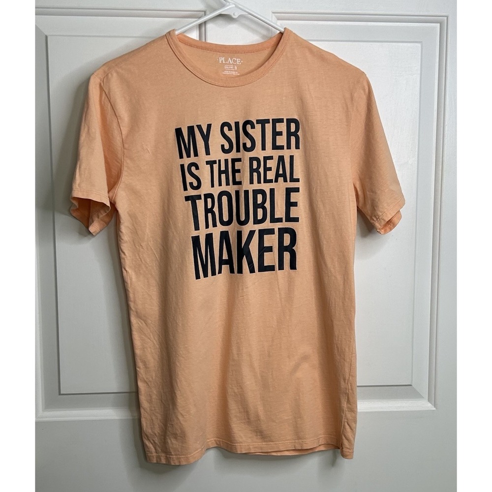 CHILDREN'S PLACE My Sister Is The Real Troublemaker T-Shirt Boys XXL / 16 Orange